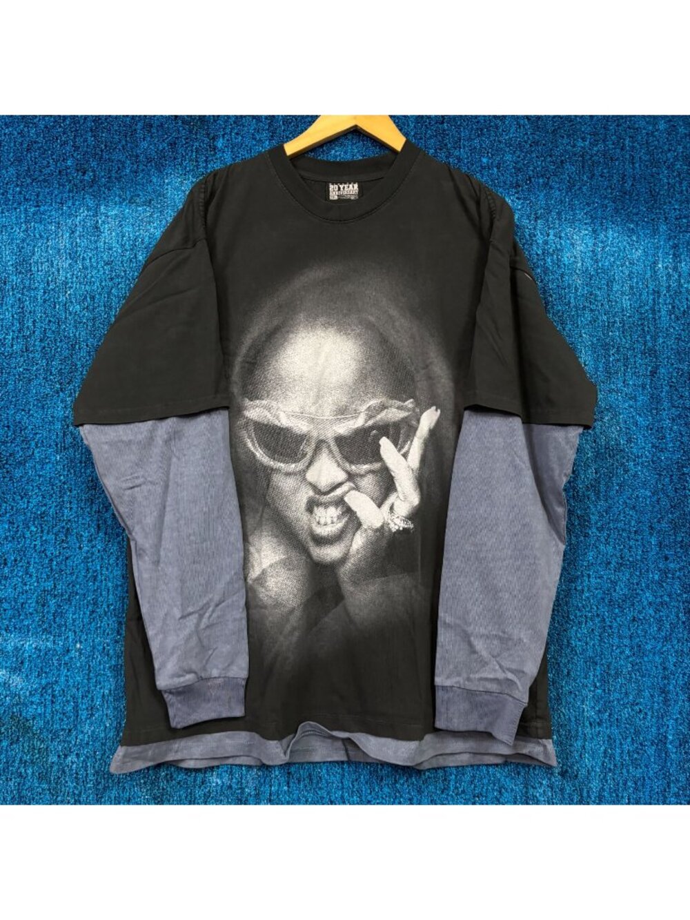 Rihanna 20th Anniversary Rap Grey/Blue Layered LS T-shirt Size 2XL